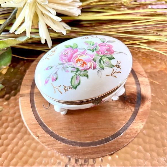 Other - Vintage Hand Painted Delicate Whited Glass Footed Trinket Jewelry Box Pink Roses